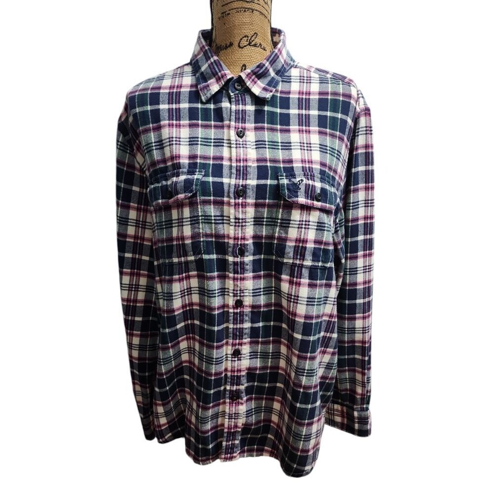 Amercan Eagle Flannel Shirt Plaid Long Sleeve Button Up Casual Comfort Size XL
